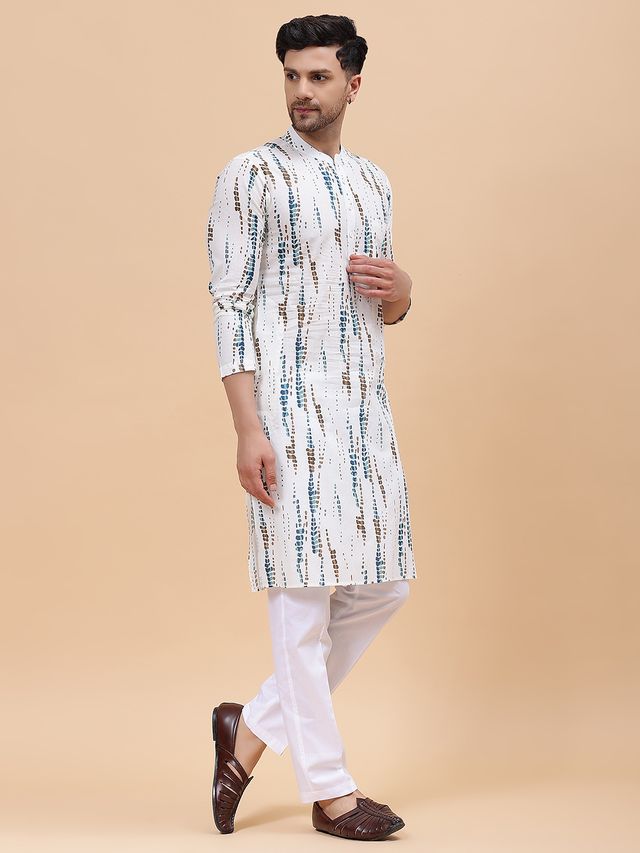 Men White & Blue Pure Cotton Printed Straight Kurta With pyjama