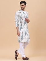Men White & Blue Pure Cotton Printed Straight Kurta With pyjama