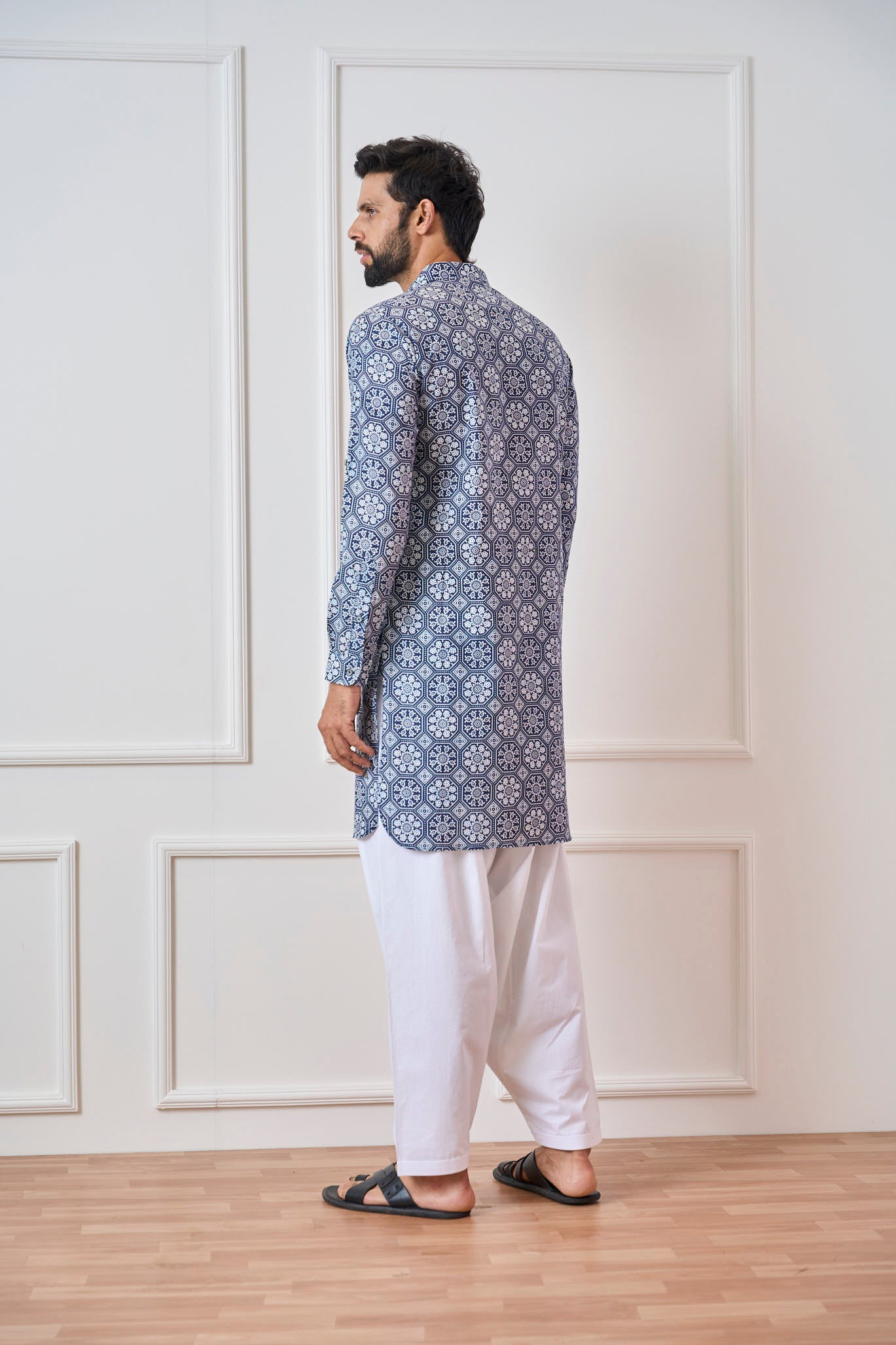 Men Indigo Hexagonal Pure Cotton Pathani Kurta