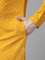 Men Mustard Floral Embroidered Sequined Rayon Kurta