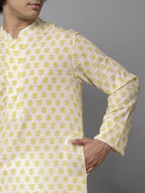 Men Yellow & White Floral Printed Kurta