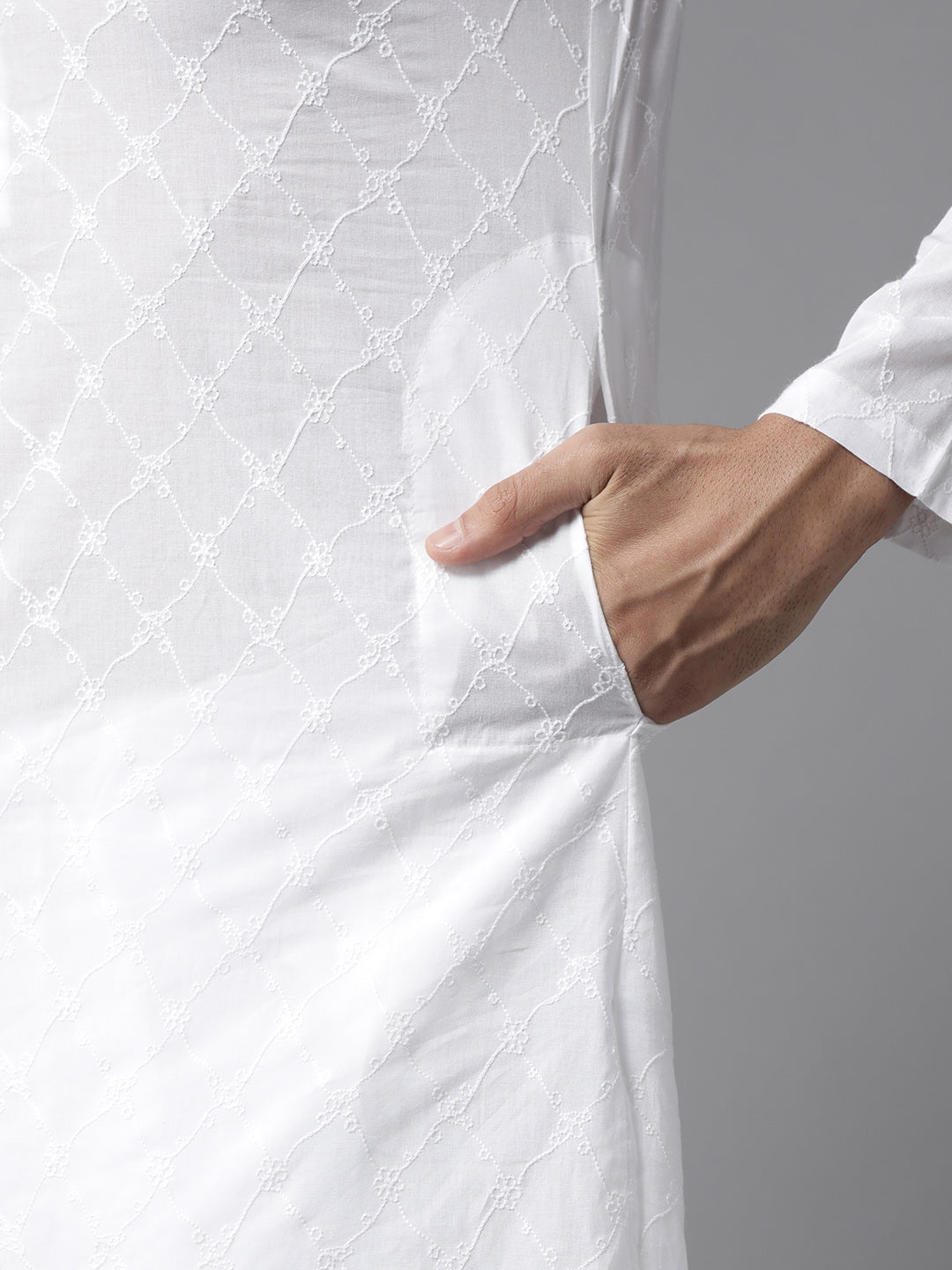 Men White Ivory Impressions Chikankari Embroidered Straight Kurta