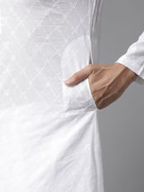 Men White Ivory Impressions Chikankari Embroidered Straight Kurta