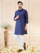 Men Navy Blue Cotton Solid Pathani Kurta