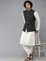 Men Black & White Solid Kurta Pajama With Nehru Jacket