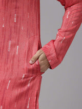 Men Crimson Red with Subtle White Accents Silk Woven Design Straight Kurta With Pajama