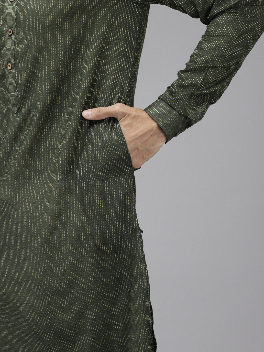 Men Green & Beige Wave Woven Design Thread Work Kurta