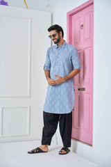 Men Light Grey Regular Pure Cotton Pathani Kurta With Black Salwar