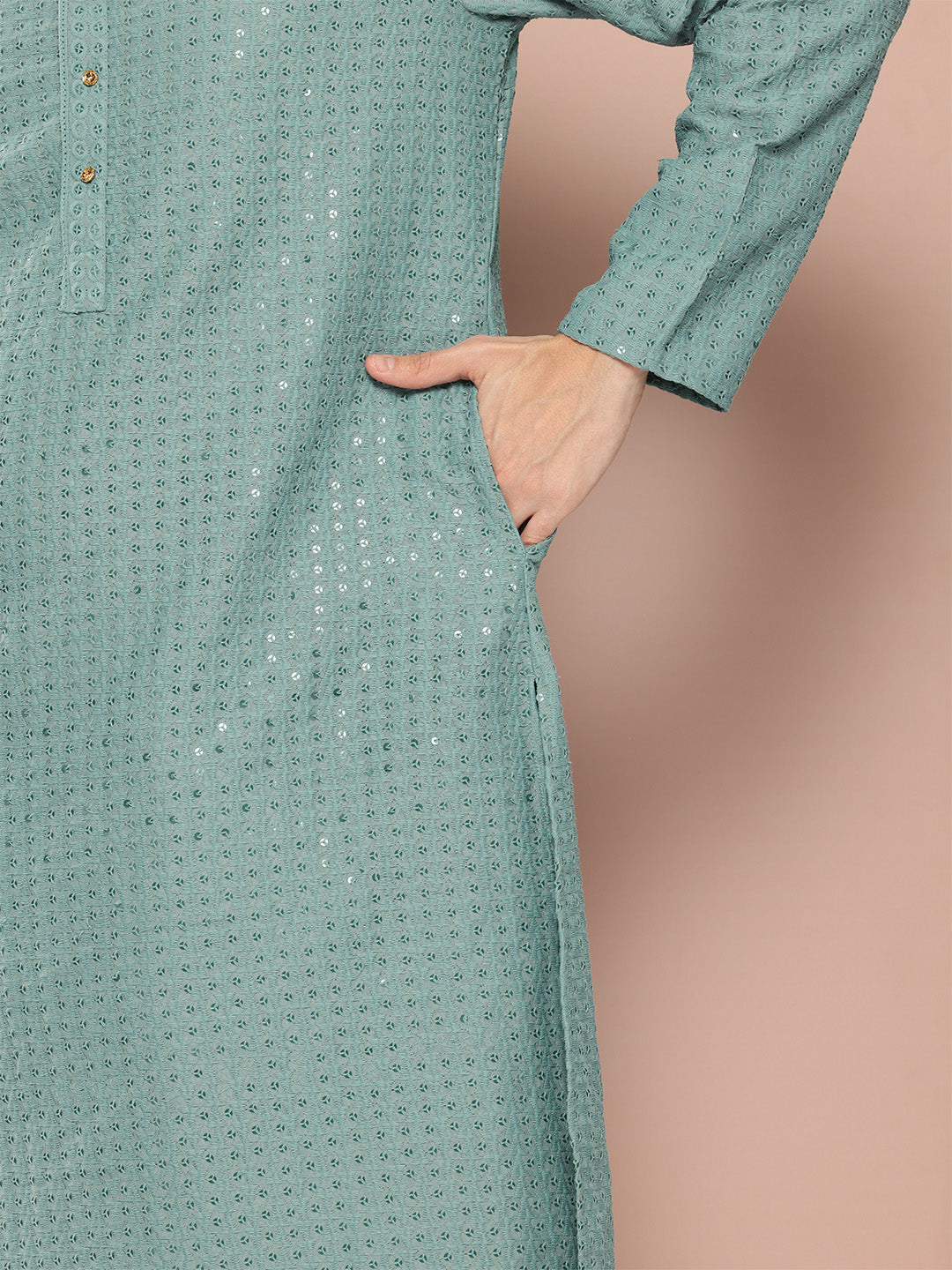 Men Turquoise Embroidered Sequin Rayon Kurta