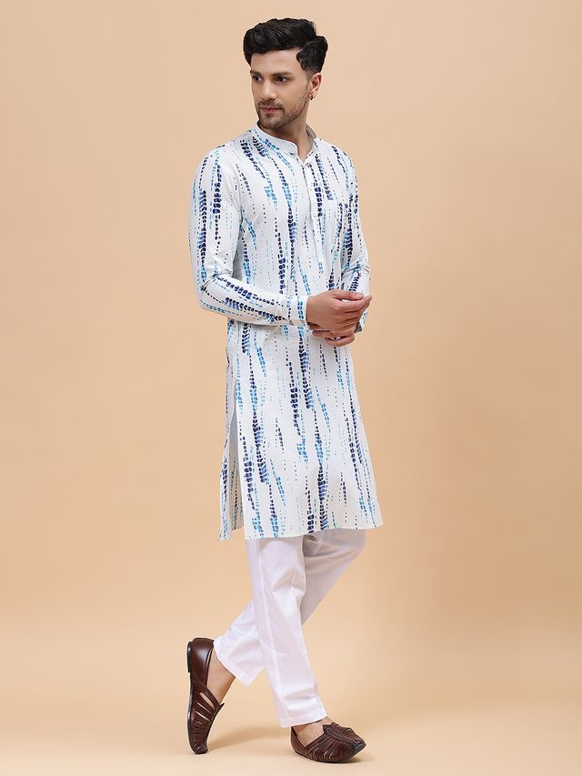 Men White & Blue Pure Cotton Printed Straight Kurta With pyjama