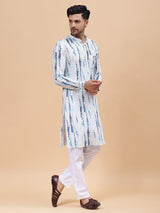 Men White & Blue Pure Cotton Printed Straight Kurta With pyjama