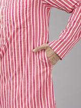 Men Pink And Gold Printed Thread Work Kurta With Pajama