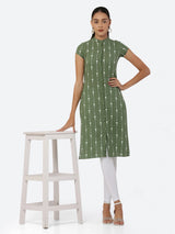 Women Green & White Khari Print Straight Kurti