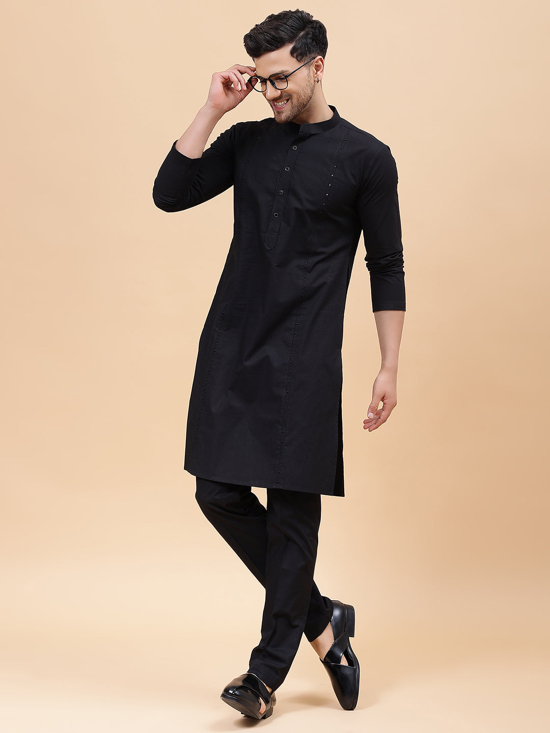 Men Black Pure Cotton Embroidered Straight Kurta