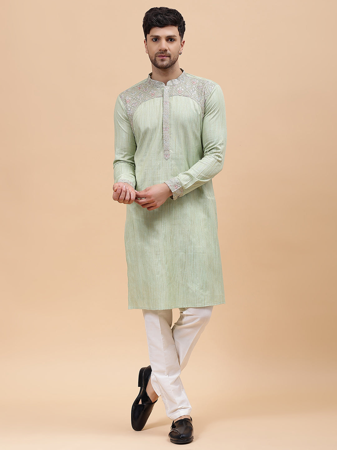 Men Lime Green & Grey Silk Woven Design Straight Kurta