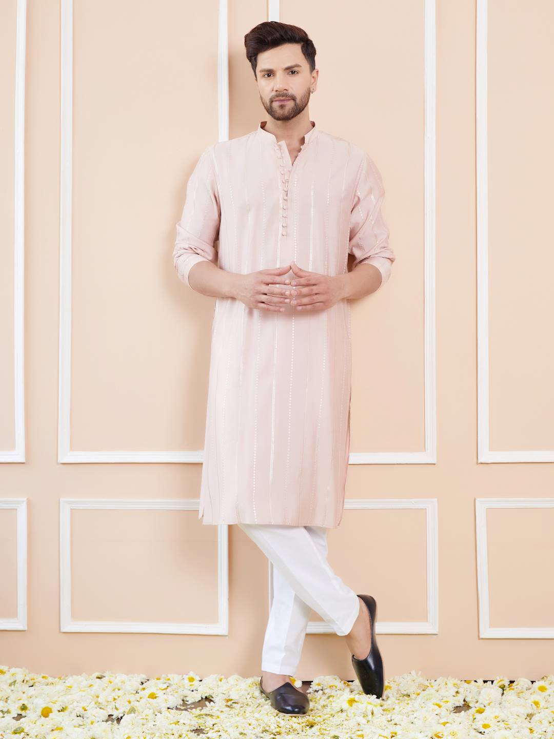 Men Blush Pink with Subtle Gold Shimmer Chanderi Silk Sequins Kurta With Pajama