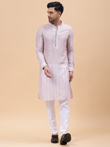 Men Pink Zari Work Silk Woven Design Straight Kurta With pyjama