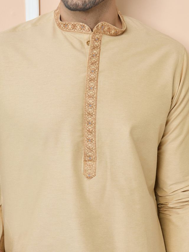 Beige Delux Cotton Straight Kurta with Embroidered Neck
