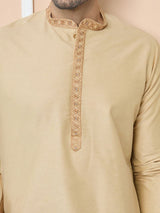Beige Delux Cotton Straight Kurta with Embroidered Neck