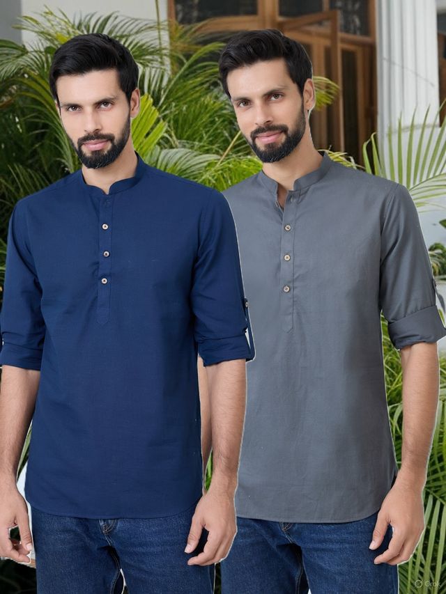 Men Pack Of 2 Navy Blue & Grey Cotton Solid Short Kurta