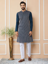 Dark Blue Thread & Sequins Worked Pure Cotton Straight Kurta with Pyjama