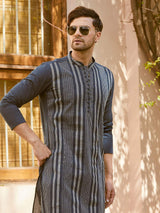 Men Midnight Blue with Stripes Pintex Design Sequins Cotton Kurta With Pajama