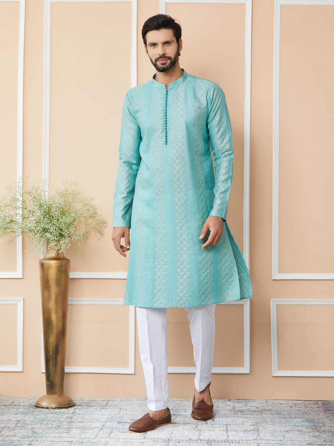 Ice Green Embroidered Thread Work Sequinsed Chanderi Silk Straight Kurta with Pyjama