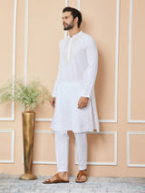 White Sequins Embroidered Rayon Straight Kurta with Yoke Design