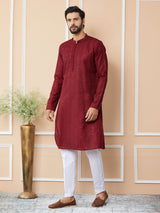 Dark Maroon Embroidered Thread Work Sequinsed Chanderi Silk Straight Kurta with Pyjama