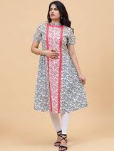 Women White with Multicolor Floral Printed Yoke Design Cotton Kurti