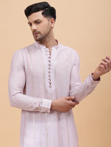 Men Pink Zari Wark Silk Woven Design Straight Kurta