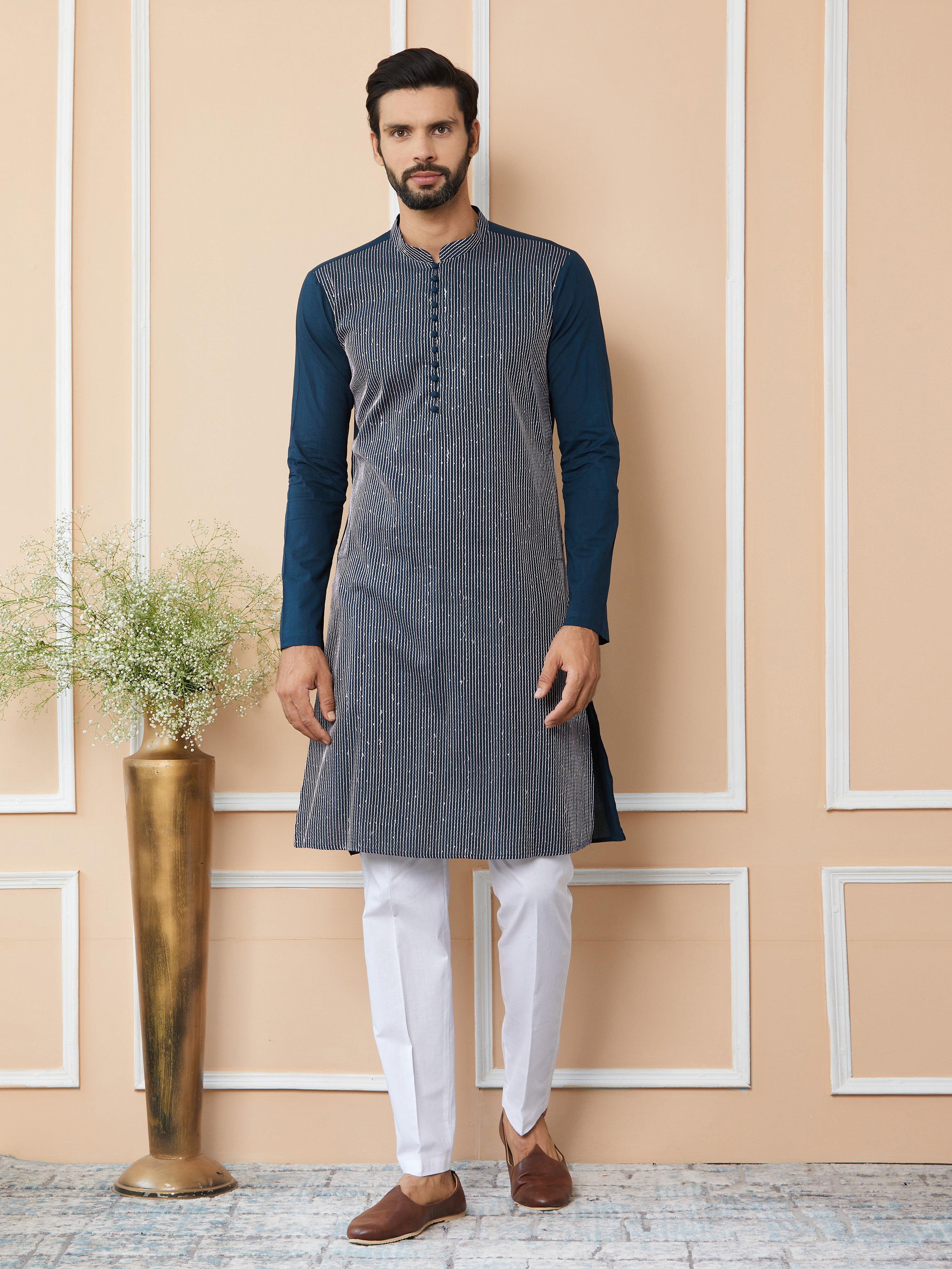 Dark Blue Thread & Sequins Worked Pure Cotton Straight Kurta with Pyjama