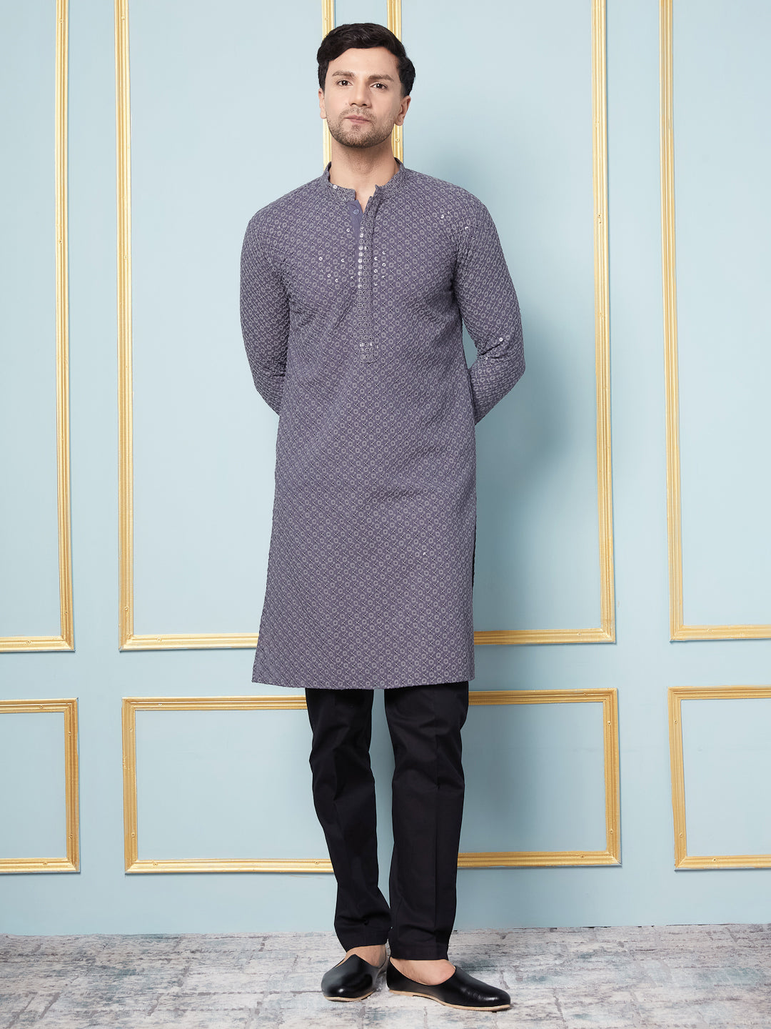 Men Silver Twilight Embroidered Sequined Rayon Kurta