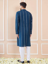 Men Deep Midnight Blue with Gold Stripes Chanderi Silk Sequins Kurta With Pajama