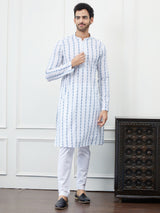 Men White And Blue Chikankari Embroidered Cotton Kurta