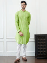 Men Green Sequince Cotton Kurta
