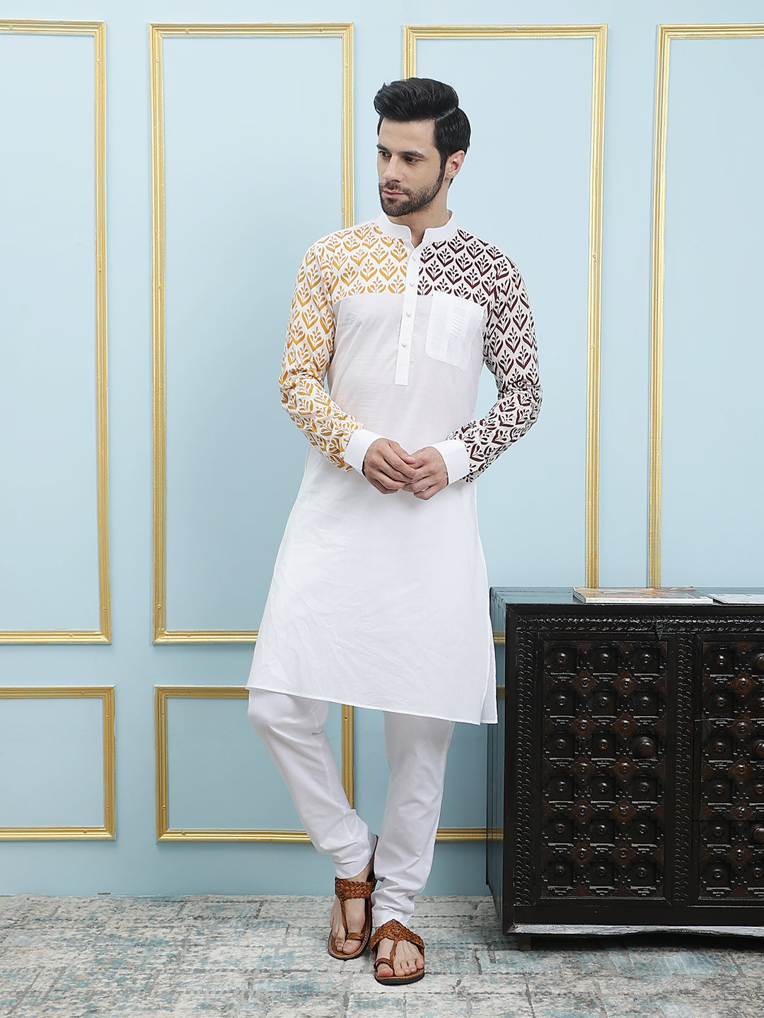 Men Off White And Yellow Color Printed Cotton Nehru Jacket