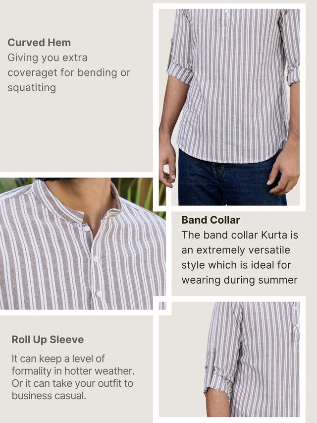 Brown Woven Striped Cotton Short Kurta