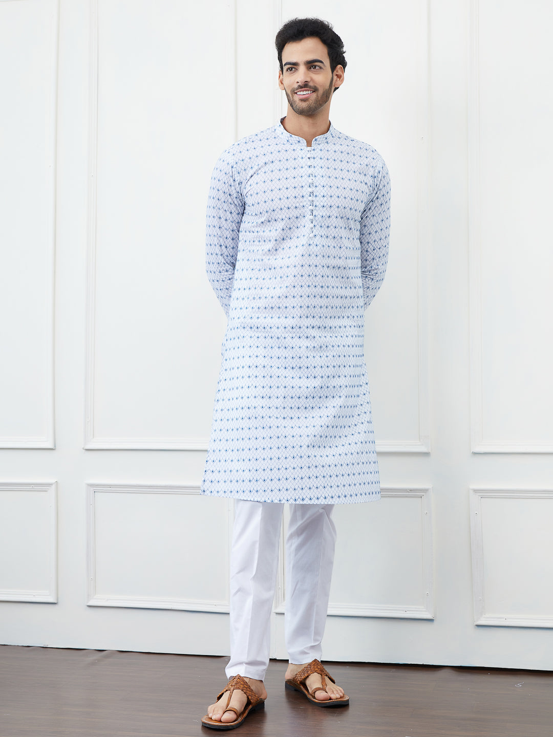 Men White And Blue Chikankari Embroidered Cotton Kurta