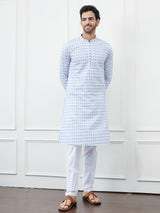 Men White And Blue Chikankari Embroidered Cotton Kurta