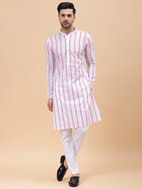 Men White & Pink Pure Cotton Embroidered Straight Kurta With pyjama