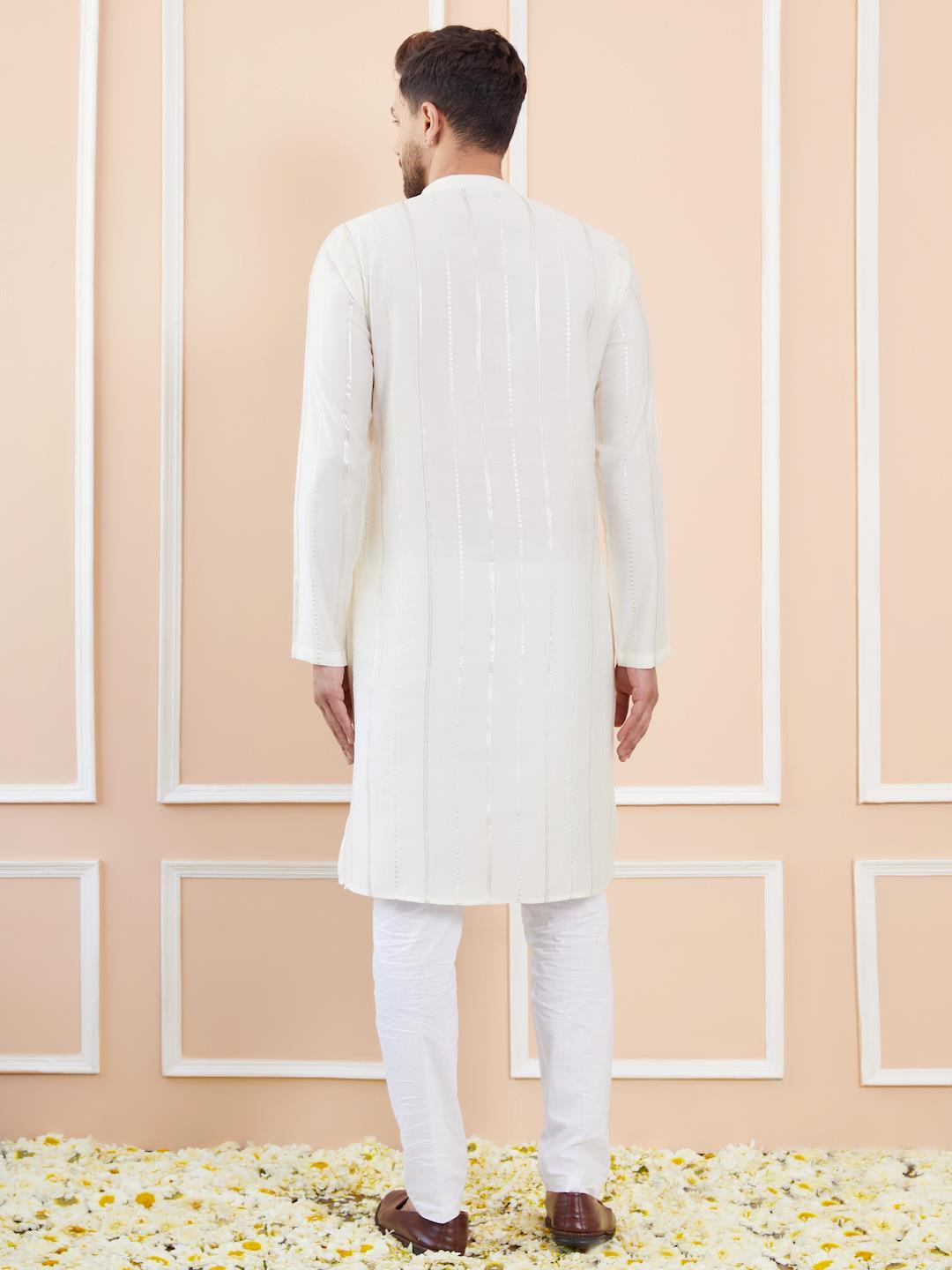 Men Ivory with Subtle Golden Chanderi Silk Sequins Kurta With Pajama