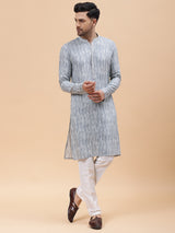 Men Off White & Grey Pure Cotton Embroidered Straight Kurta With pyjama