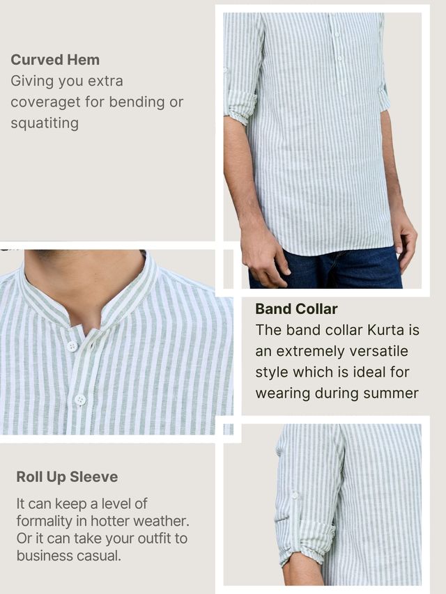 Green Woven Striped Cotton Short Kurta