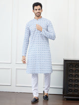 Men White And Blue Chikankari Embroidered Cotton Kurta