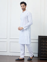 Men White And Blue Chikankari Embroidered Cotton Kurta