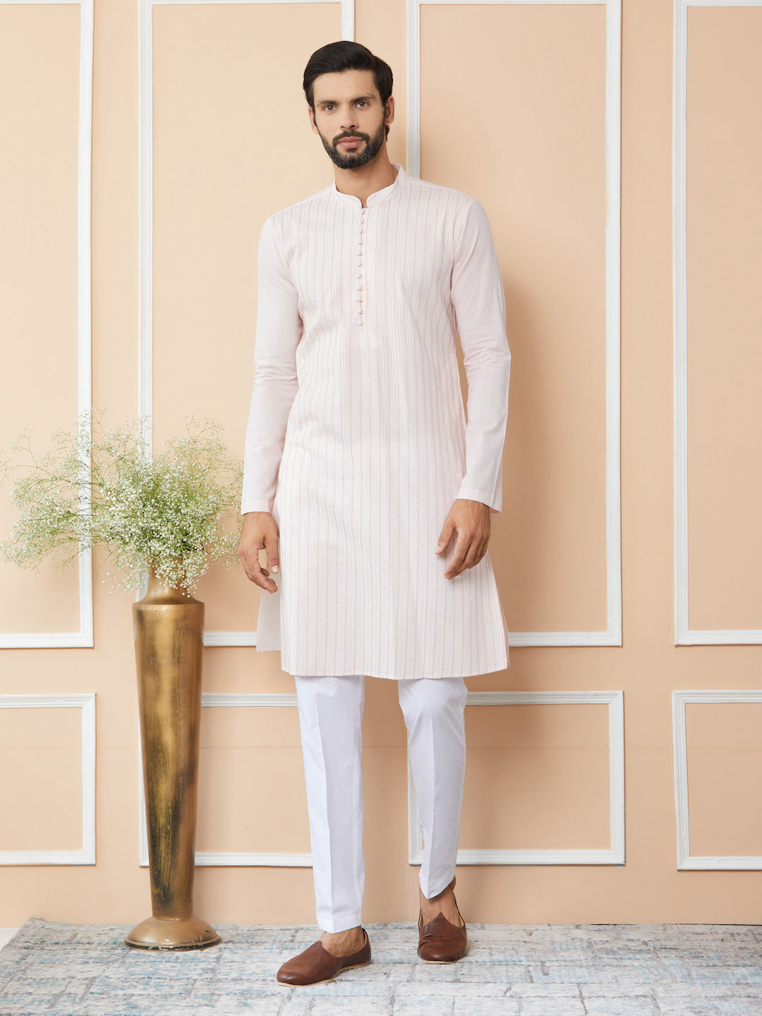 Light Pink Thread & Sequins Worked Pure Cotton Straight Kurta with Pyjama