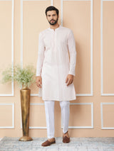 Light Pink Thread & Sequins Worked Pure Cotton Straight Kurta with Pyjama