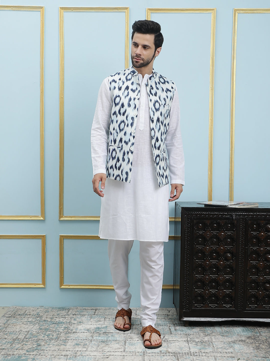 Men White And Blue Color Printed Cotton Nehru Jacket