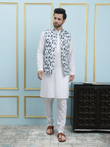 Men White And Blue Color Printed Cotton Nehru Jacket